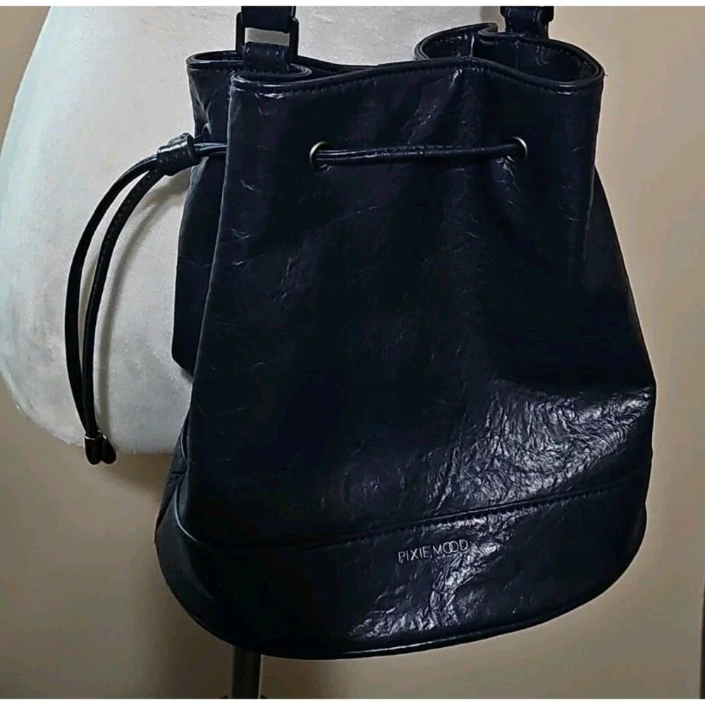 Pixie Mood Bag Textured orcrinkled vegan leather navy cord adjustable shoulder
